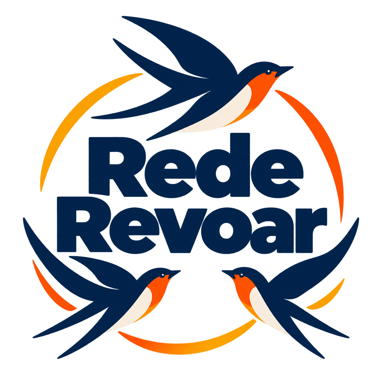 Logo da Rede Revoar: três andorinhas voando em círculo em volta do nome Rede Revoar